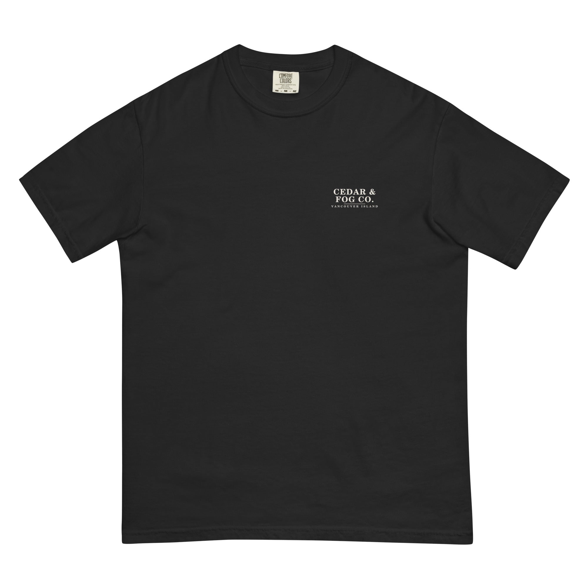 The Long Haul Tee in black, front view with the Cedar & Fog Co. chest wordmark