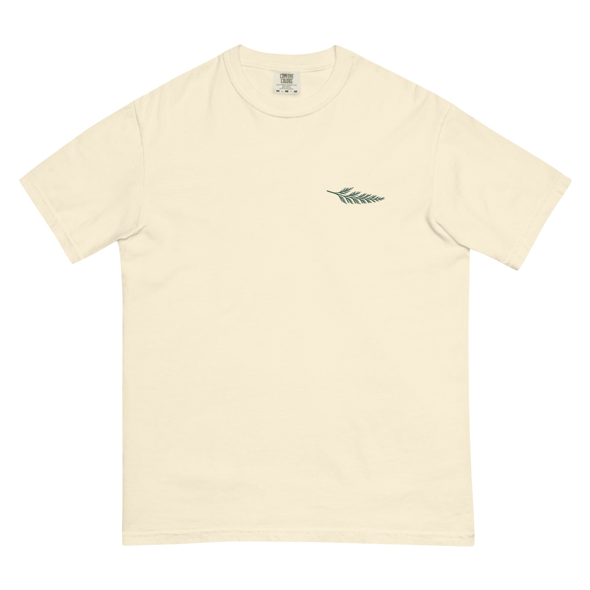 The Trailhead Tee in ivory, front view with the embroidered cedar bough