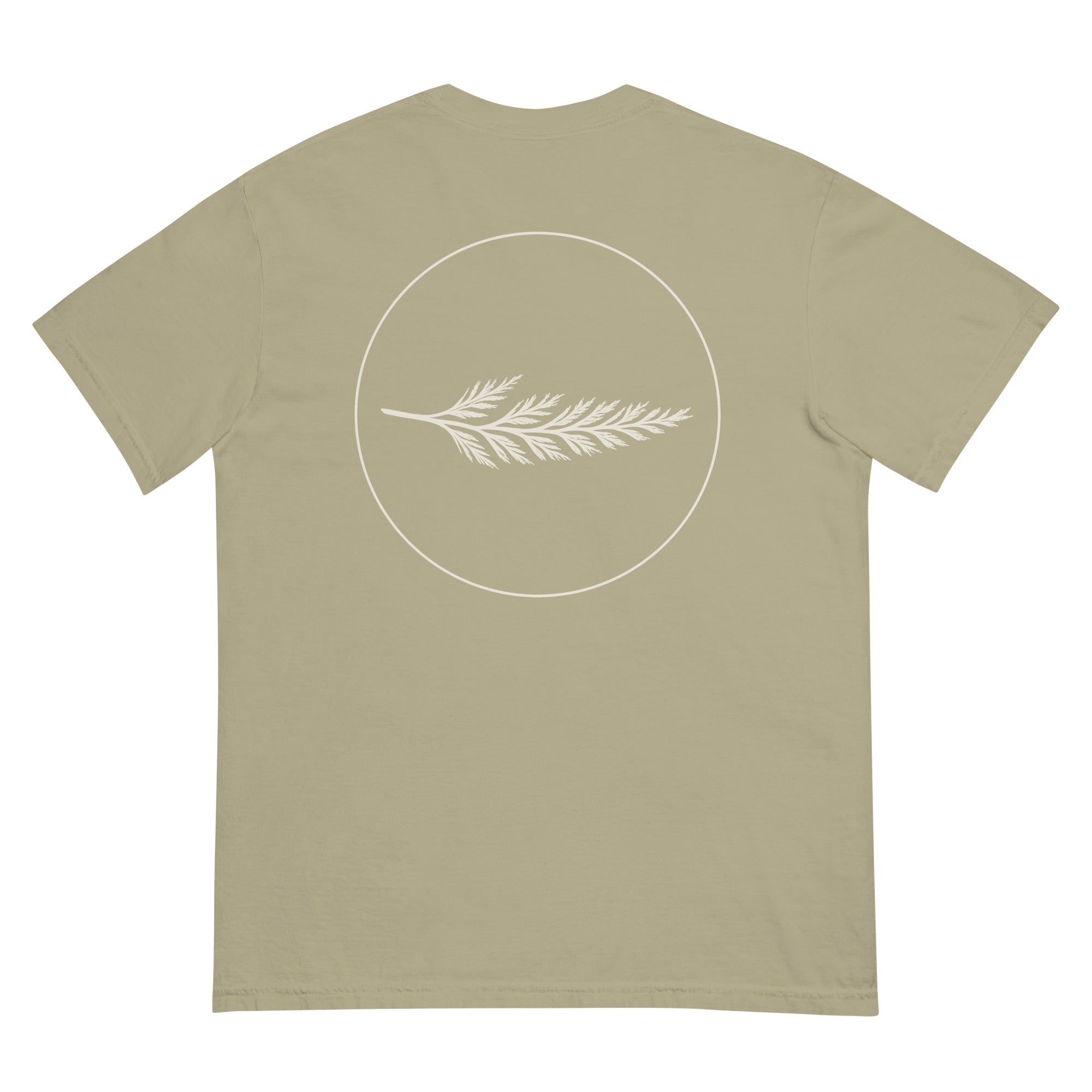 The Last Light Tee in khaki, back view with the Cedar & Fog crest