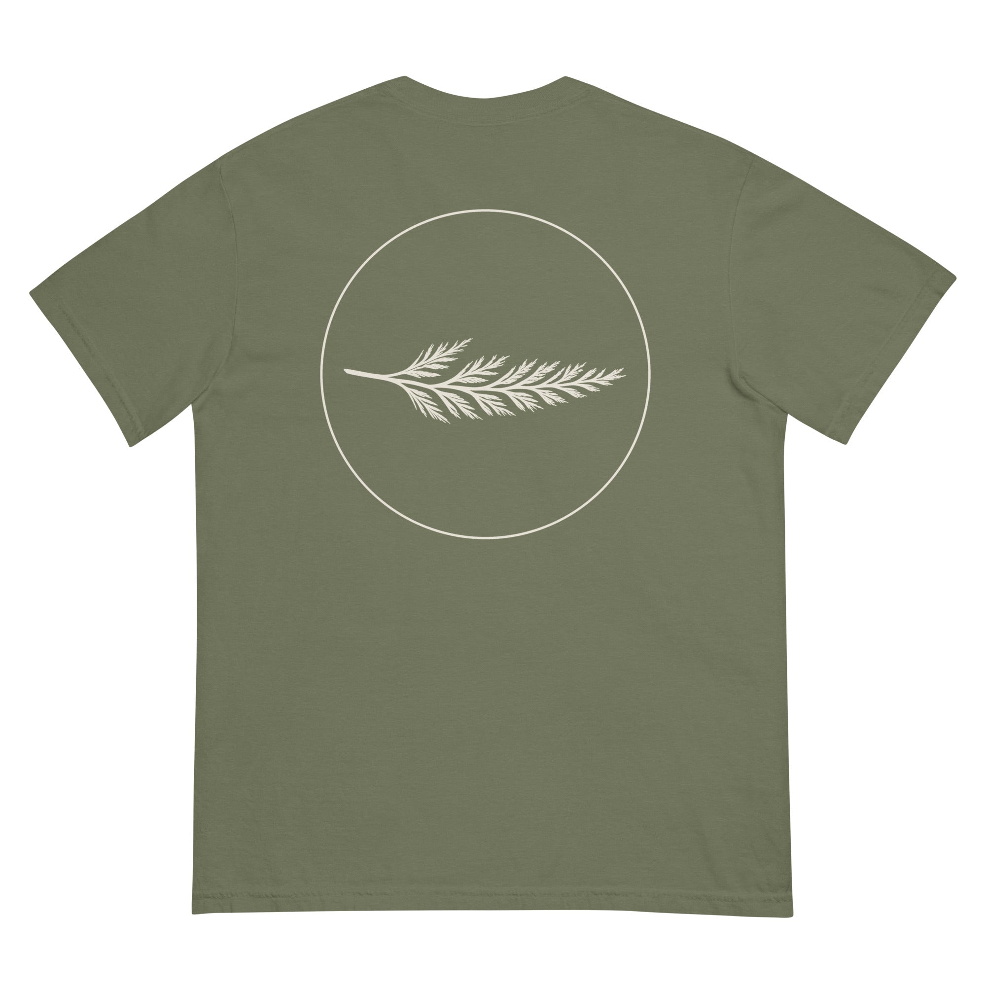 The Last Light Tee in moss, back view with the Cedar & Fog crest