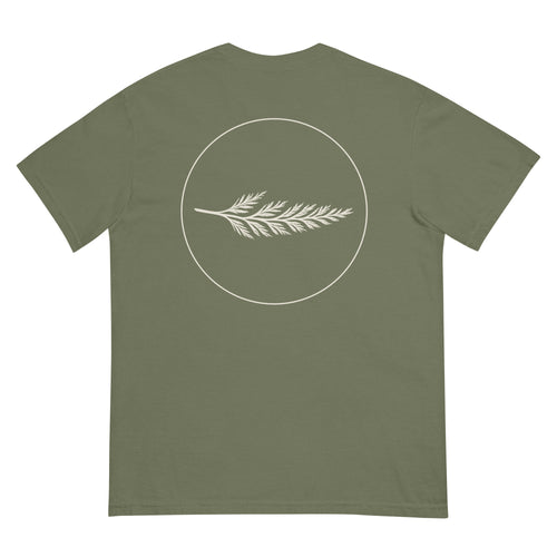 The Last Light Tee in moss, back view with the Cedar & Fog crest