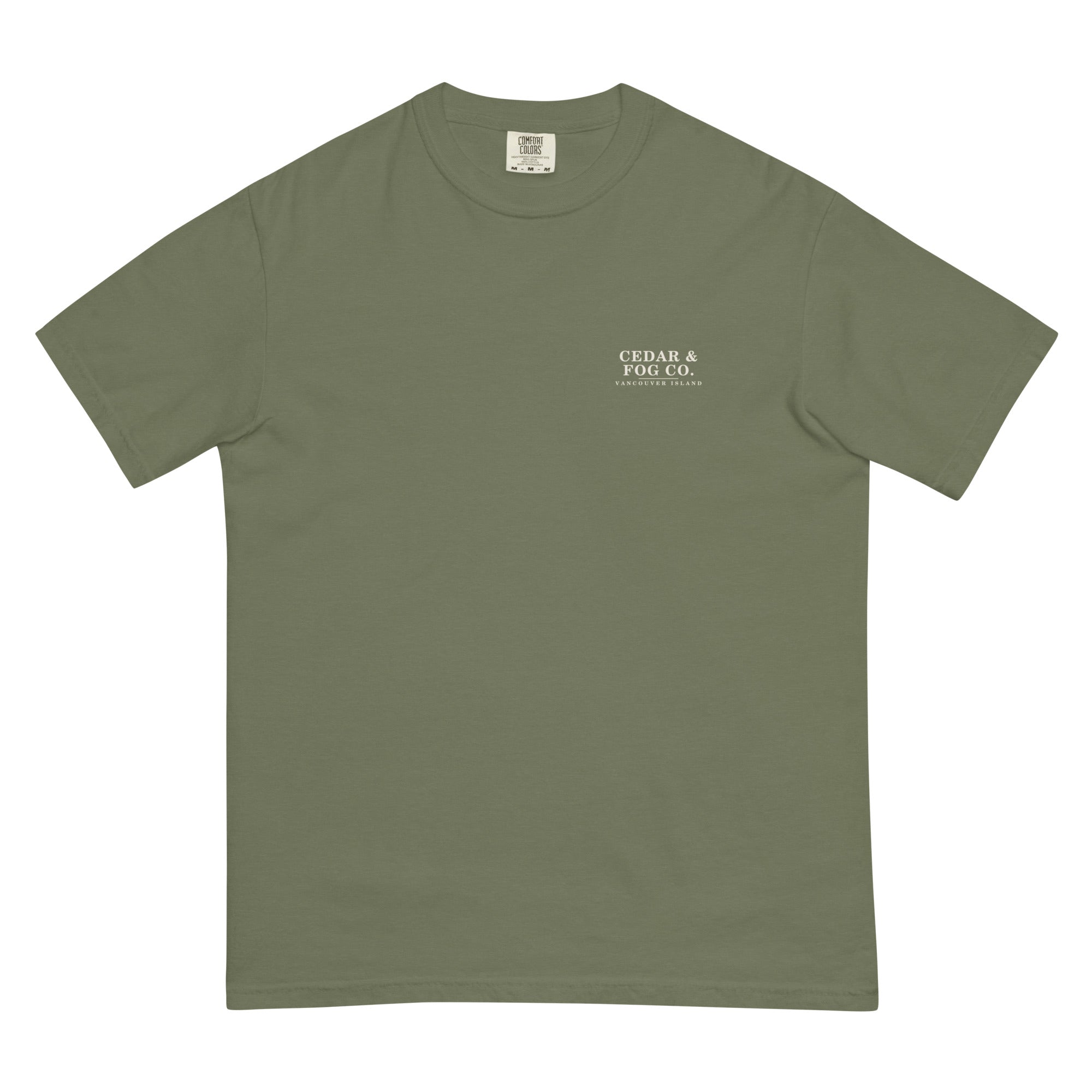 The Long Haul Tee in moss, front view with the Cedar & Fog Co. chest wordmark