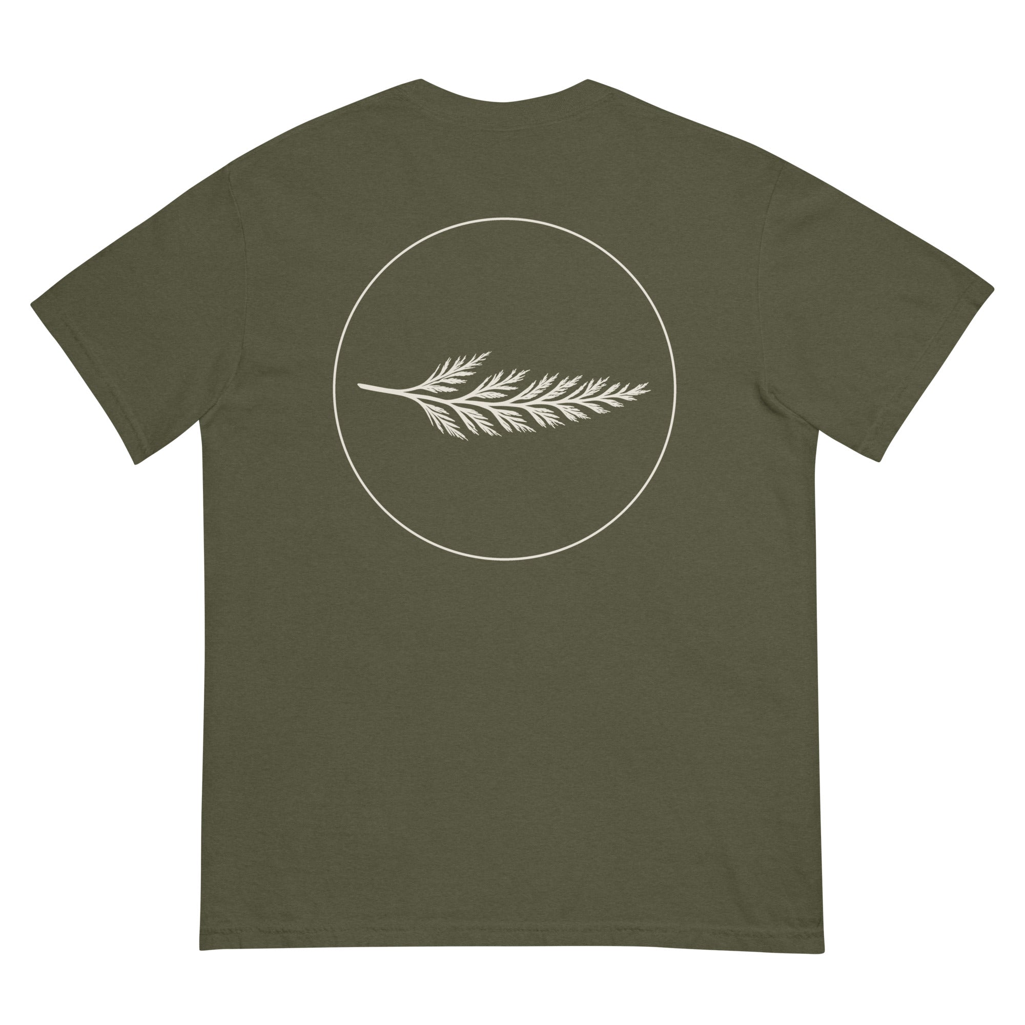 The Last Light Tee in sage, back view with the Cedar & Fog crest