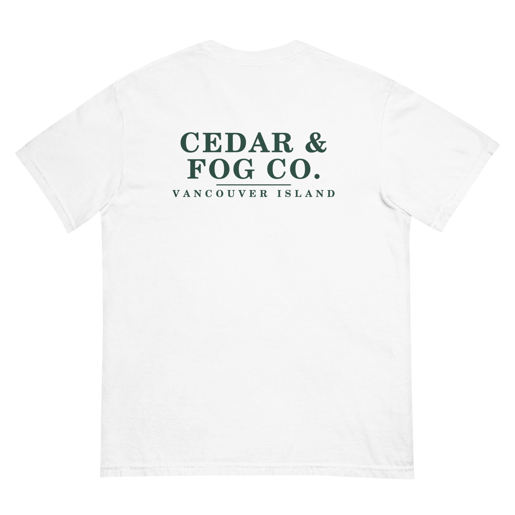 The Trailhead Tee in white, back view with the Cedar & Fog Co. wordmark