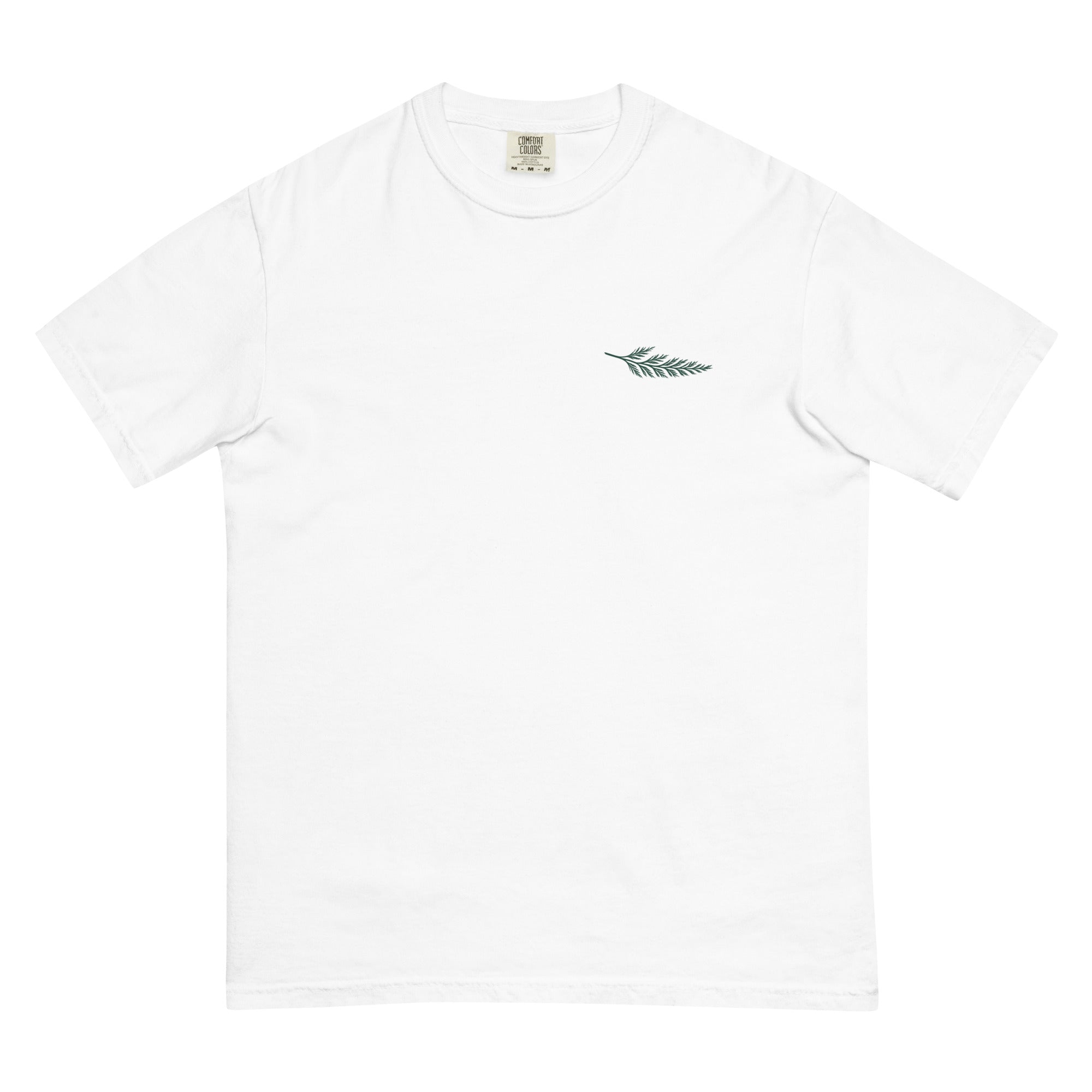 The Trailhead Tee in white, front view with the embroidered cedar bough