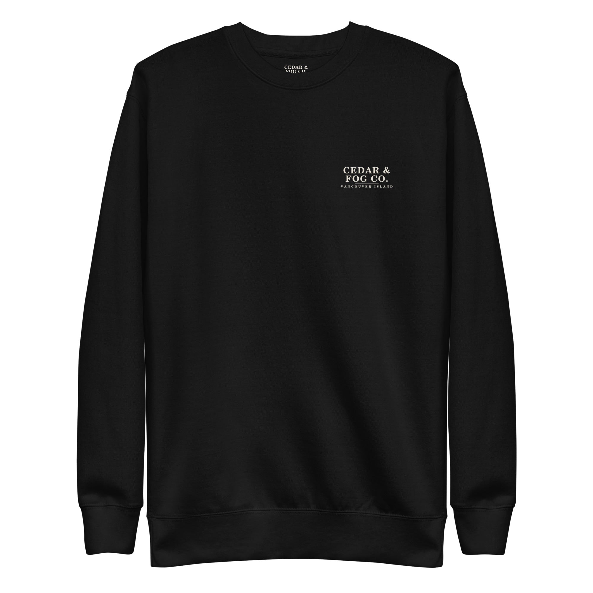 The Nightfall Crew in black, front view with the Cedar & Fog Co. Vancouver Island chest print