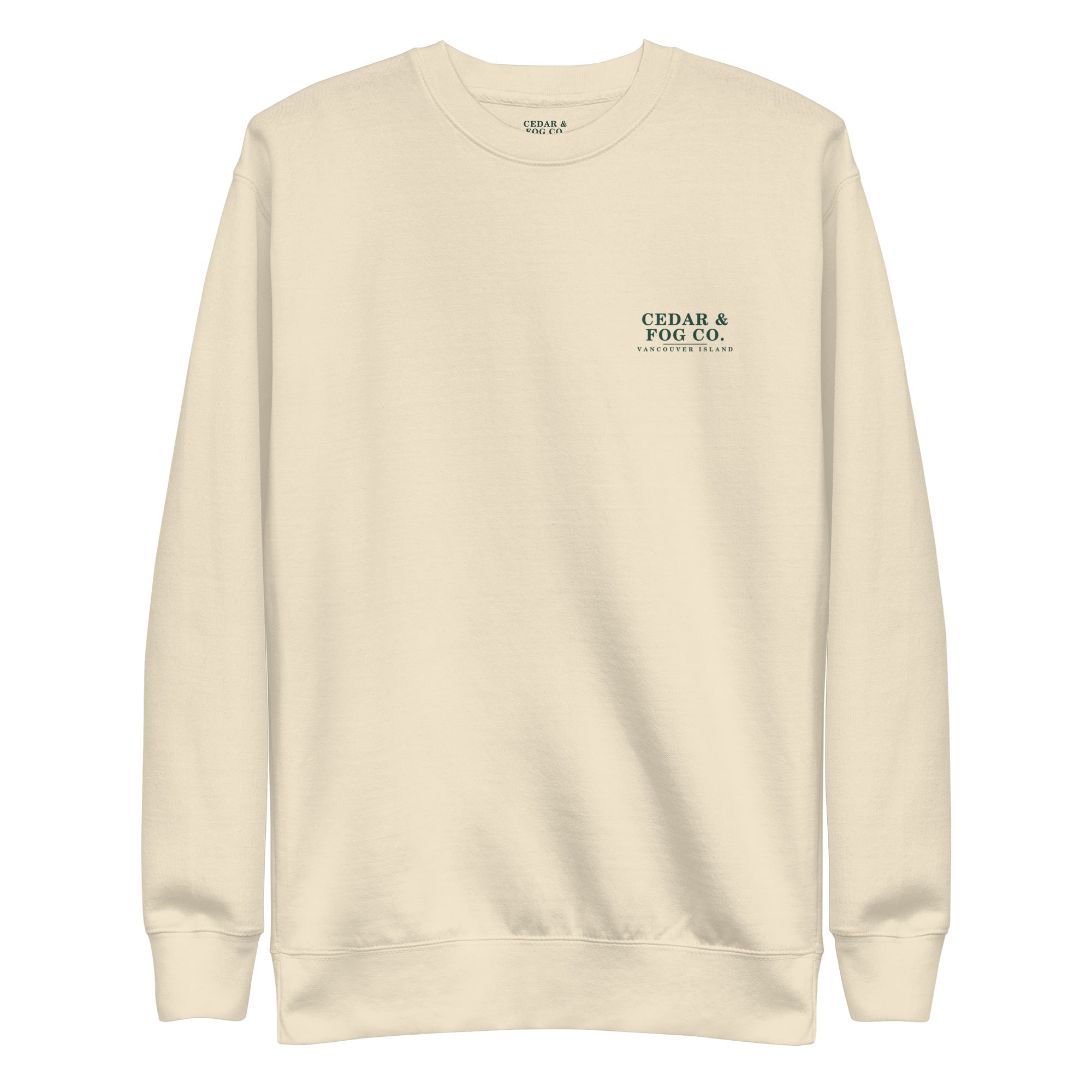 The Ember Crew in bone, front view with the Cedar & Fog Co. chest wordmark