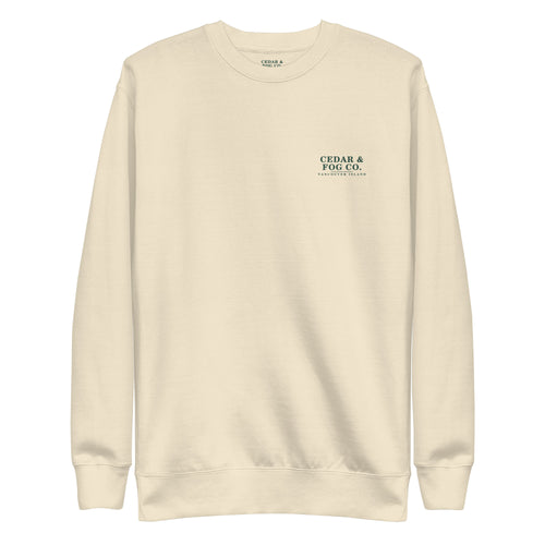 The Ember Crew in bone, front view with the Cedar & Fog Co. chest wordmark