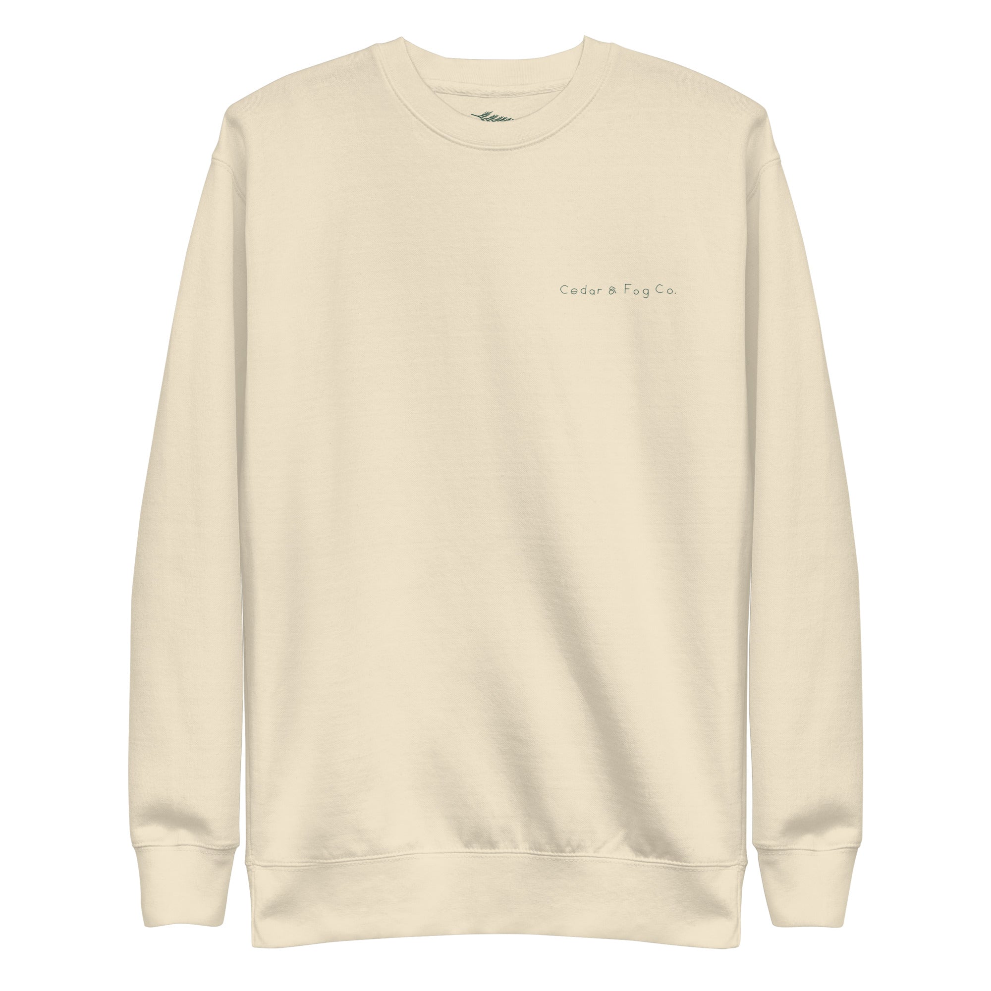 The Cabin Crew in bone, front view with the hand-lettered Cedar & Fog Co. chest wordmark
