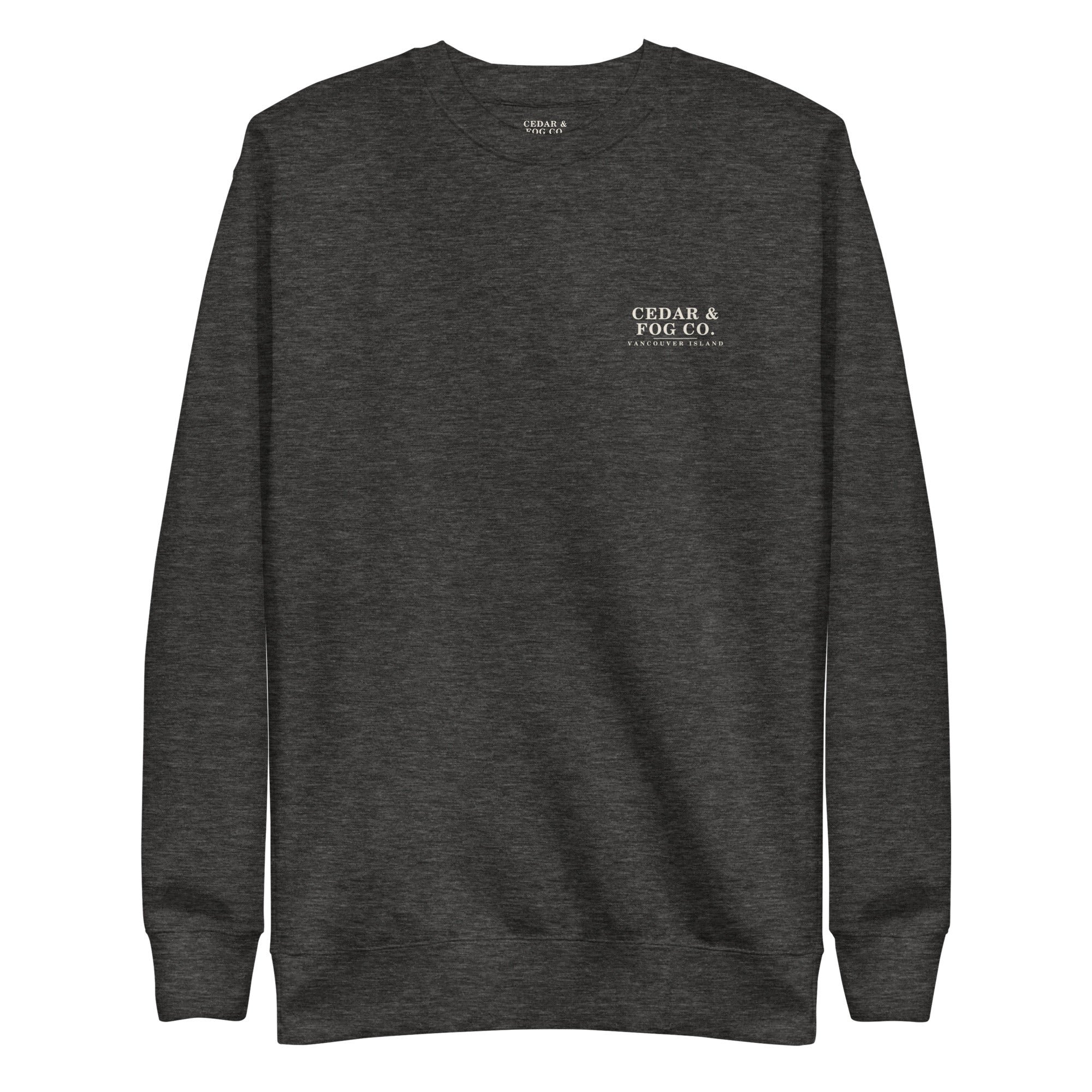 The Nightfall Crew in charcoal heather, front view with the Cedar & Fog Co. Vancouver Island chest print