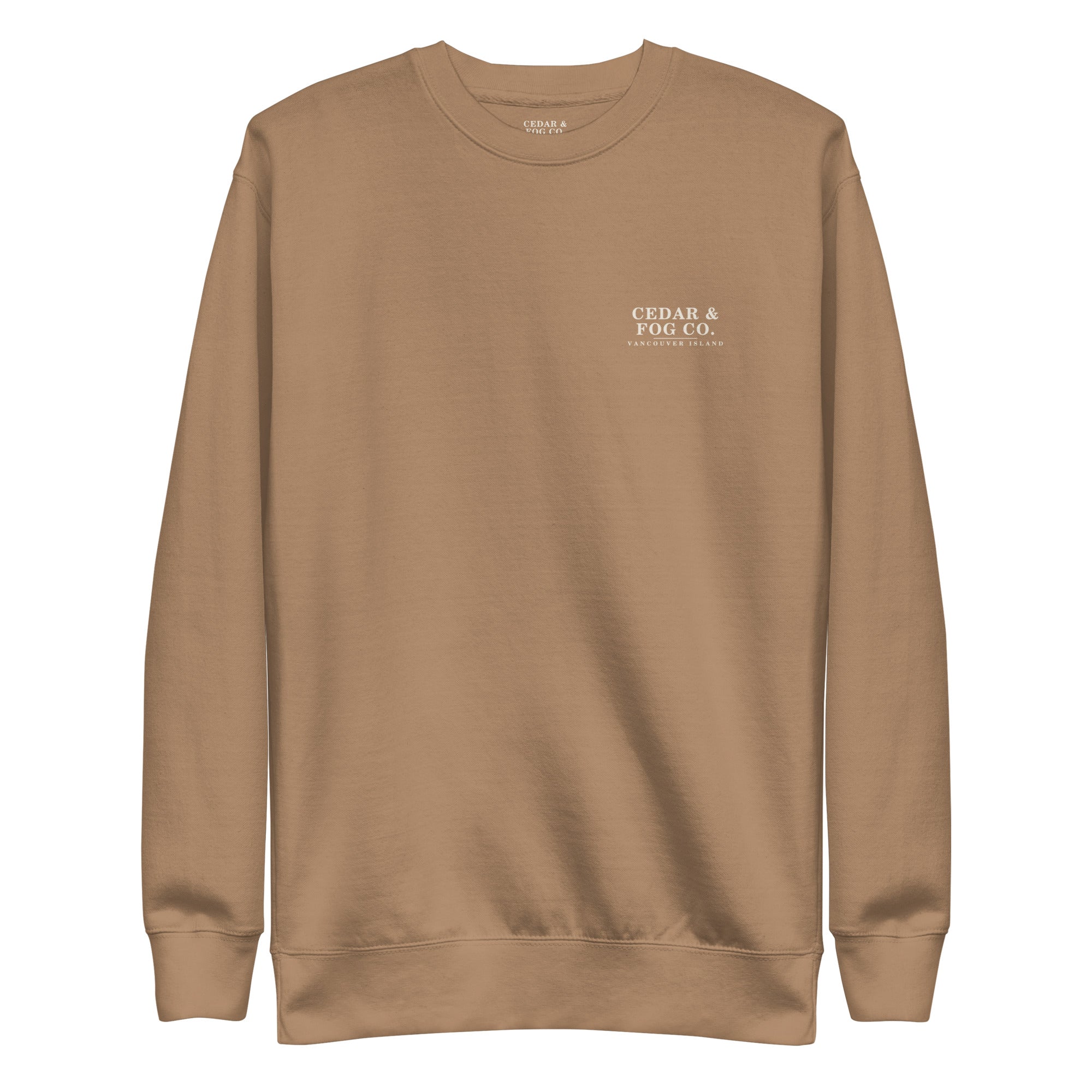 The Nightfall Crew in latte, front view with the Cedar & Fog Co. Vancouver Island chest print