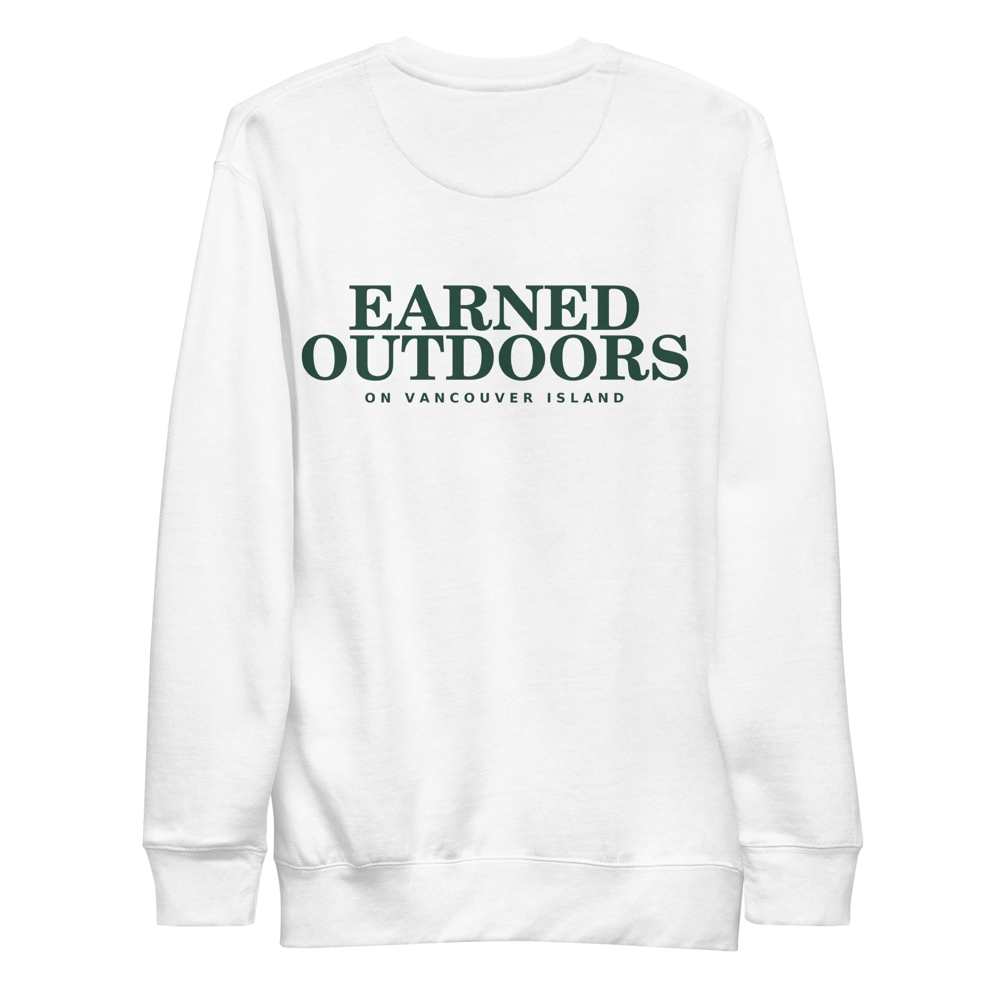 The Ember Crew in white, back view reading Earned Outdoors on Vancouver Island