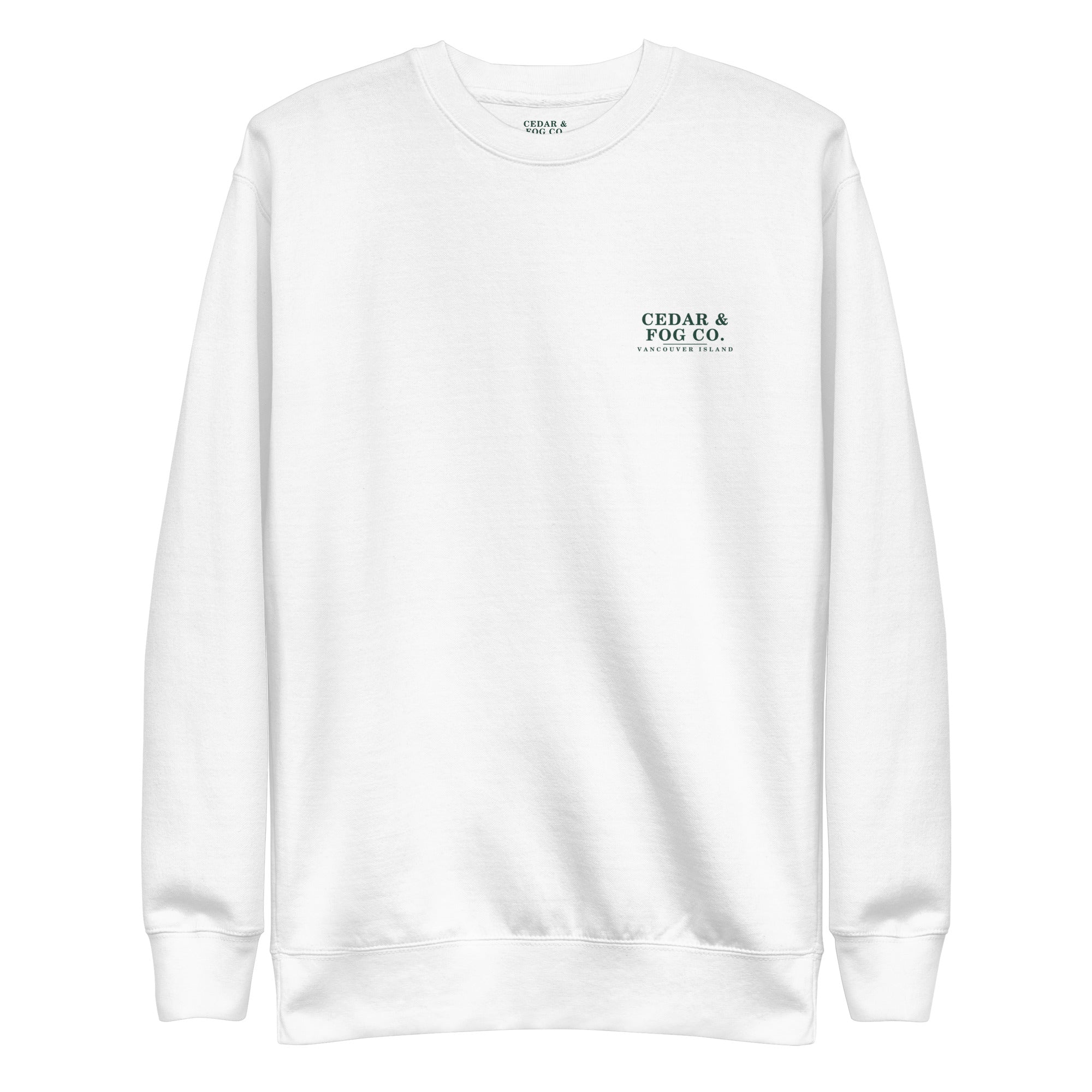 The Ember Crew in white, front view with the Cedar & Fog Co. chest wordmark